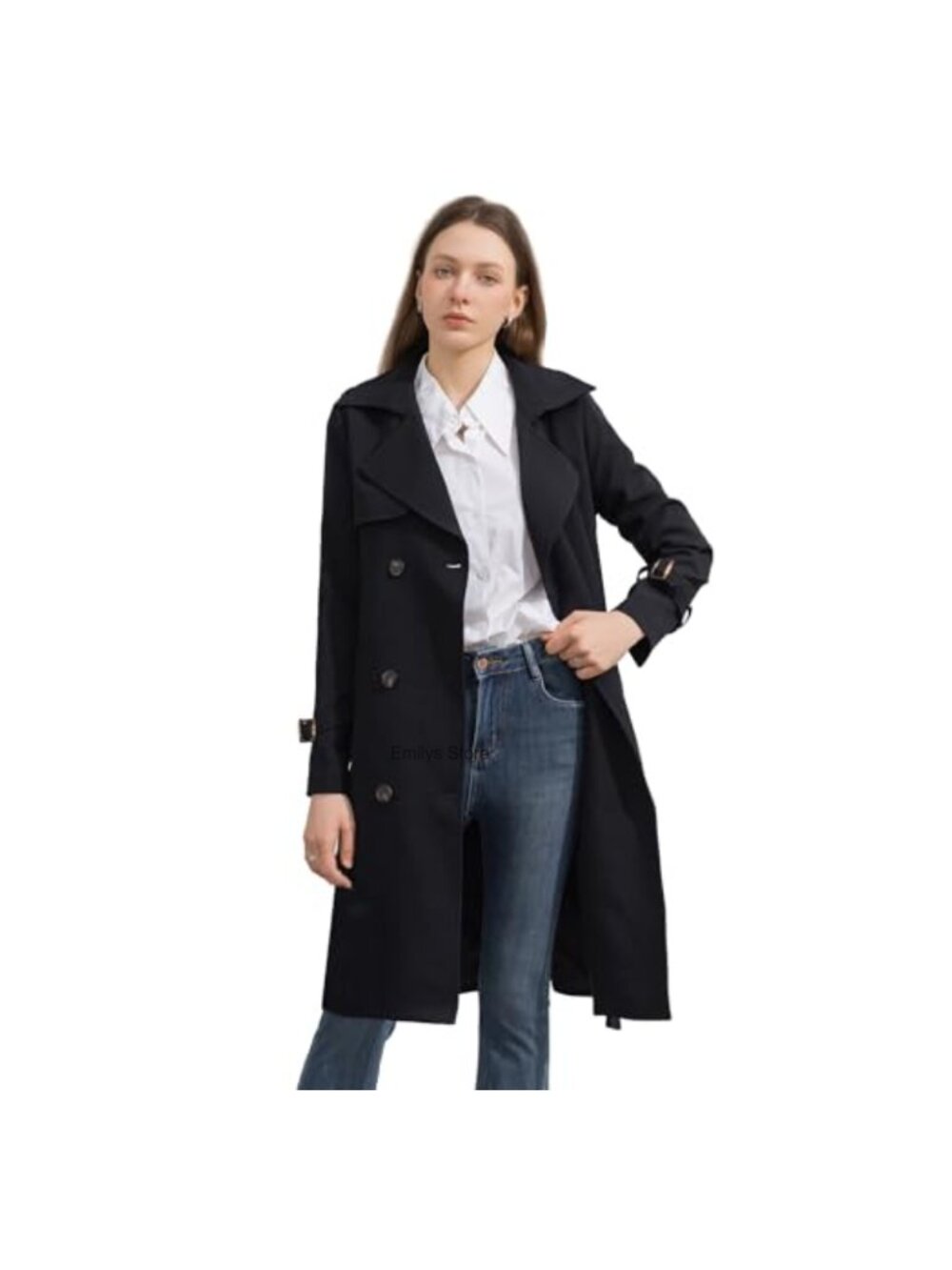 Womens Double Breasted Trench Coat Knee Length Belted Overcoat